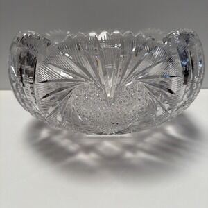 American Brilliant Cut Glass Bowl 10" Heavy Hearts Strawberry Diamond c1900